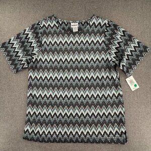 NEW! BonWorth Blouse Chevron/ ZigZag pattern Knit Short Sleeve large Metallic Po